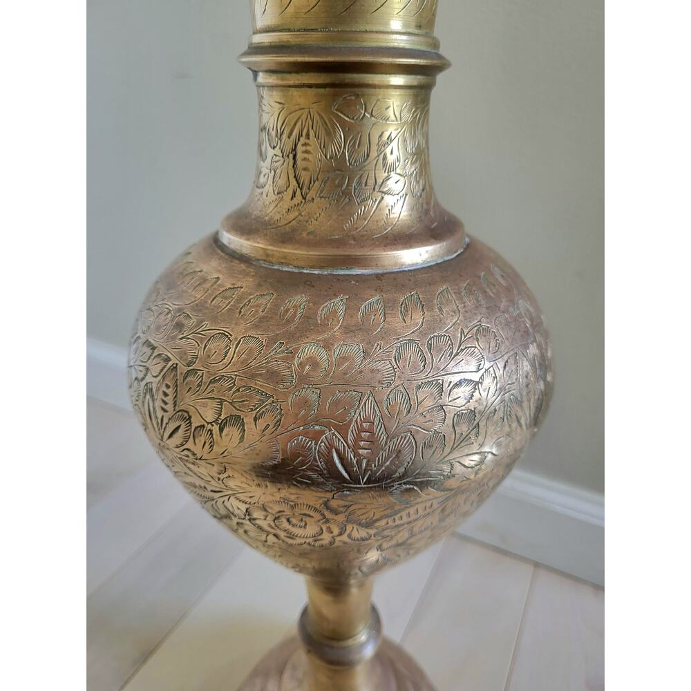 Vintage Tall Polished Brass Floor Vase India Etched Yoga Meditation Studio - Picture 7 of 9